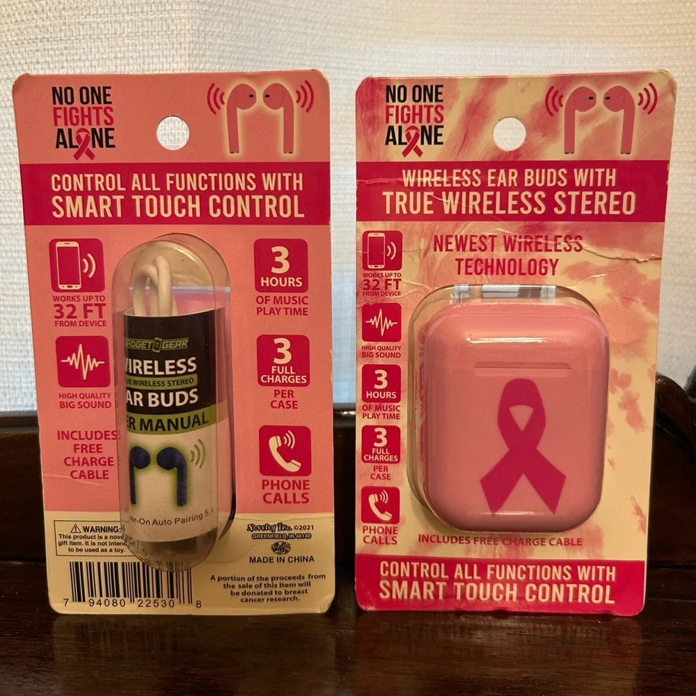 BCA 2 Sets Pink Wireless Earbuds w/Smart Touch Control Breast Cancer Awareness